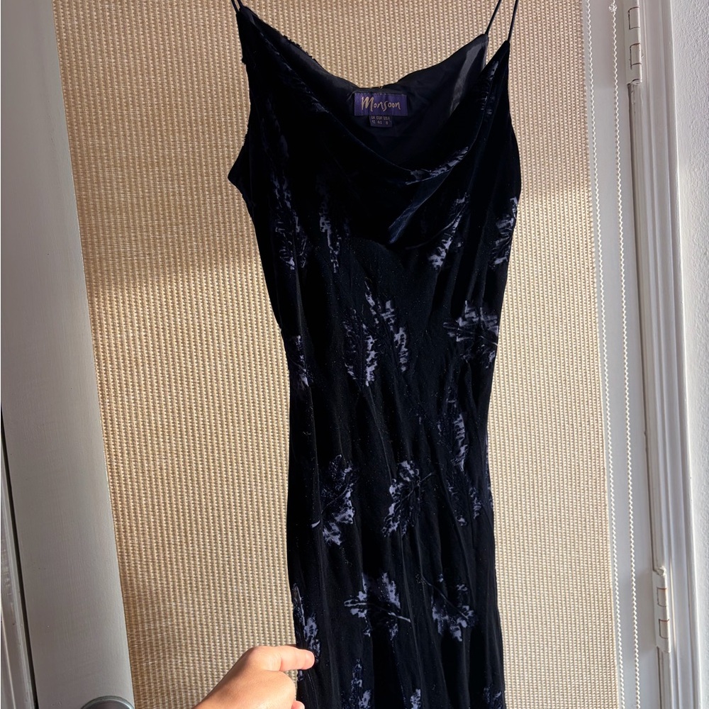 Silk and Velvet Midnight Blue Floral Maxi Dress - Picture 6 of 7